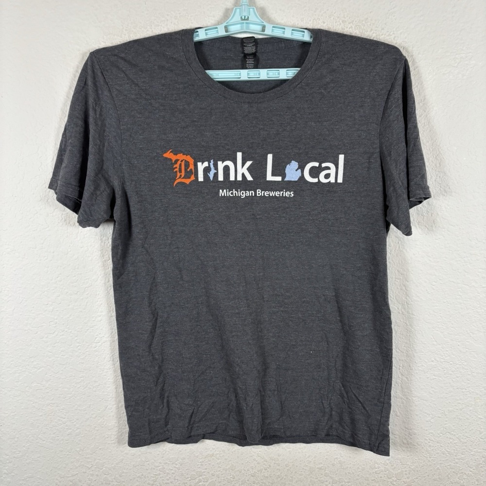 Drink Local Michigan Mens T Shirt Sz L Large Short Sleeve Gray Pilling Good